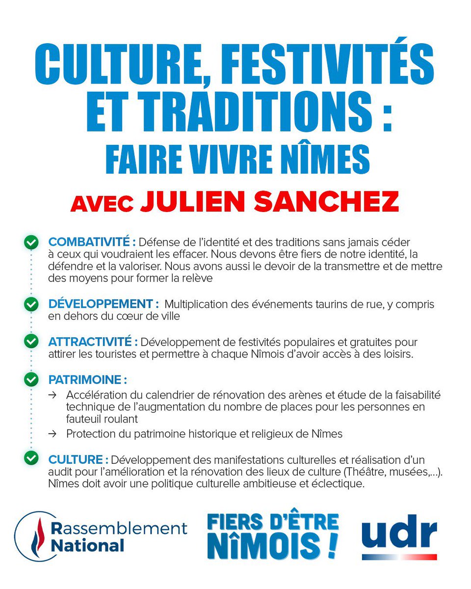 RN_gard's tweet image. Culture, festivités et traditions : redonnons de l'élan à Nîmes avec Julien Sanchez ! 🚀

⚔️ Défense des traditions
🏟️ Accélération de la rénovation des Arènes
🎭 Culture ambitieuse pour tous
🎉 Festivités gratuites et populaires

Nîmes mérite le meilleur. 🗳️