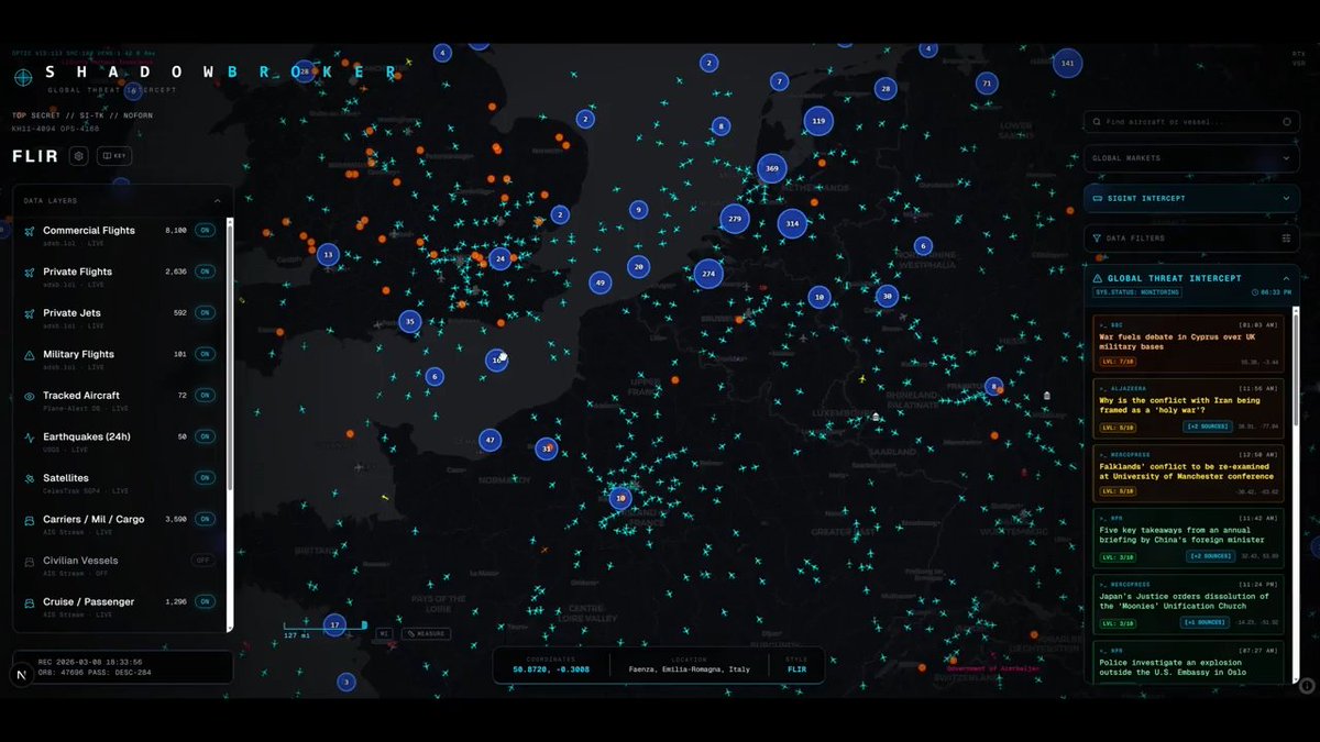 iyouport_news's tweet image. Shadowbroker - 一个实时地理空间情报平台，把来自各种开源数据源的数据整合到一个统一的界面中。

它可以追踪商用和军用飞机、海事船舶、卫星、地震事件和冲突地区。
​​
分析师和研究人员能够从这里快速获取全球事件的最新信息。

语言：TypeScript

🧬 github.com/BigBodyCobain/…

#tools #开源情报