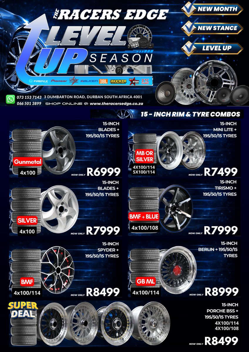 _TheRacersEdge's tweet image. New drop for Level Up Season 🏁
Rim &amp;amp; tyre combo deals now available.
Turn heads the moment you hit the road.
📍 Durban | theracersedge.co.za

#BuildYourRide #DurbanCarCulture