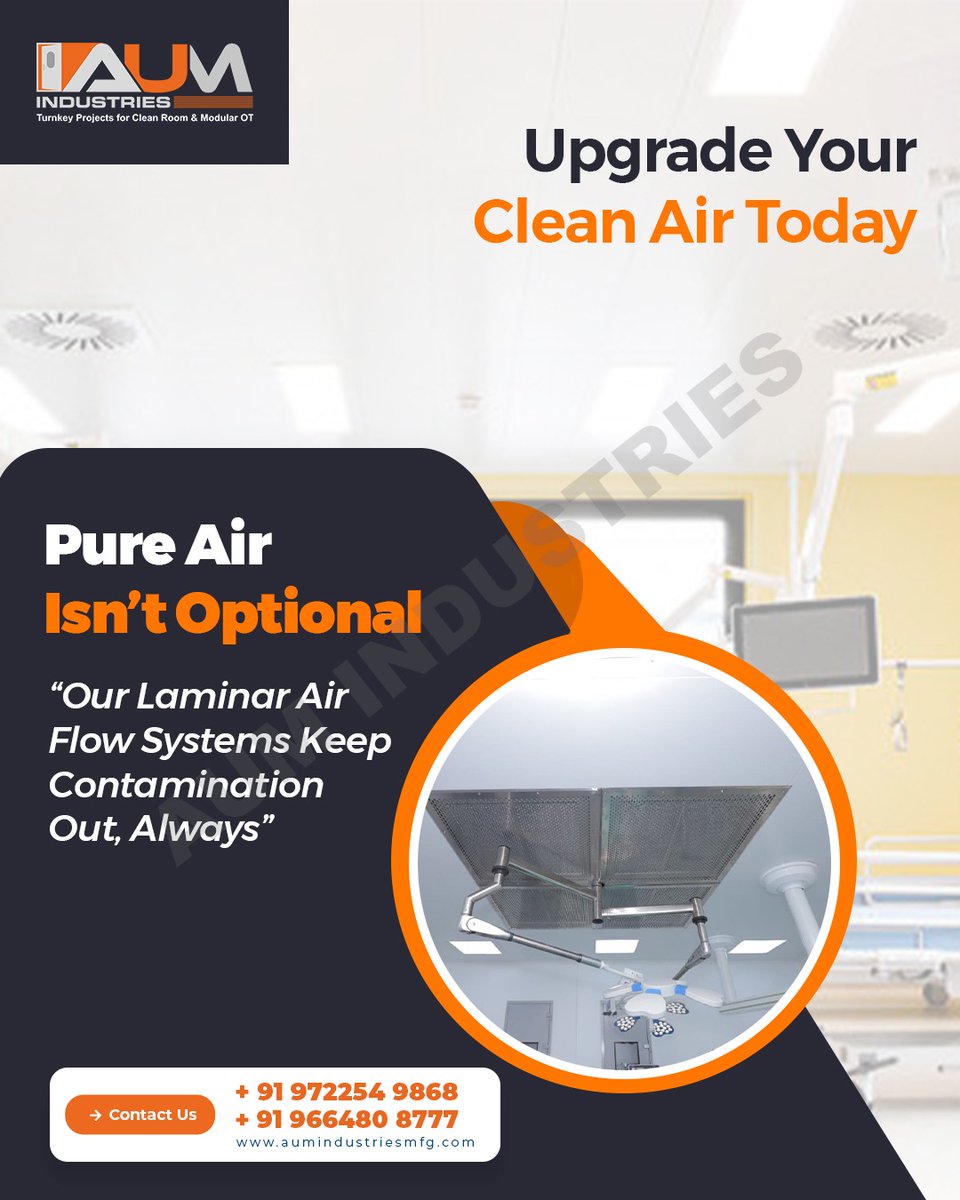 AumIndustries's tweet image. 🌬️ Laminar Air Flow systems are designed to maintain a sterile and contamination-free environment by directing filtered air in a uniform flow. 

#LaminarAirFlow #CleanroomTechnology #SterileEnvironment #CleanroomSolutions #HealthcareInfrastructure #PharmaFacilities #AirFlow