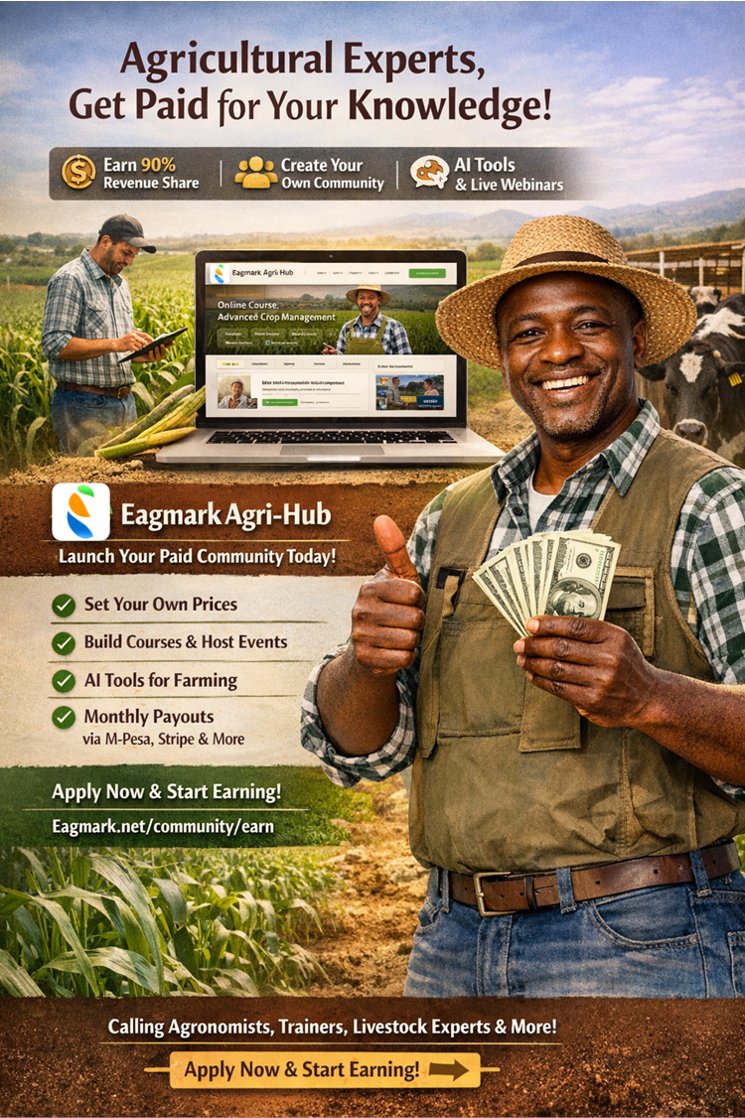 Are you an agricultural expert, trainer, or extension officer? Turn your farming knowledge into income. Create your own community, build courses, host events ‒ and keep 90% of every subscription.

• No upfront costs
• No tech skills needed

Join: eagmark.net/community/earn