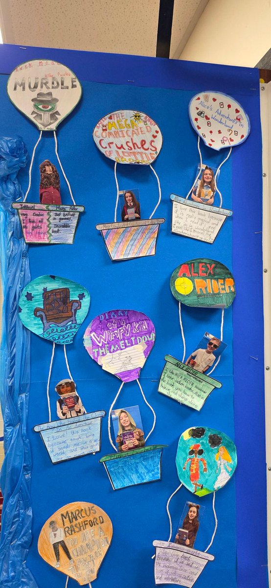 Class6Highpri's tweet photo. For ##WorldBookDay2026, all the children in Y6 chose their favourite book that took them to another place. They recreated the book cover on a hot air balloon and wrote about why they liked the book. #HighfieldsReading #Lovetoread https://t.co/3CJ1f4wEMQ