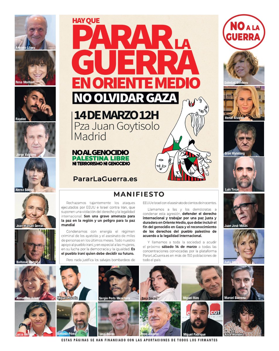 Izsocialista's tweet photo. *MANIFIESTO CONTRA LA GUERRA* 
IS-PSOE, ahoa y sempre #NoALaGuerra
Consulta el manifiesto *Hay que Parar la Guerra en Oriente Medio. No Olvidar Gaza* y las concentraciones del 14 de marzo. Con el apoyo de 204 personalidades y 189 organizaciones 

👇👇👇👇
https://t.co/IQ5jv7wy21 https://t.co/SiSaRJUbUs