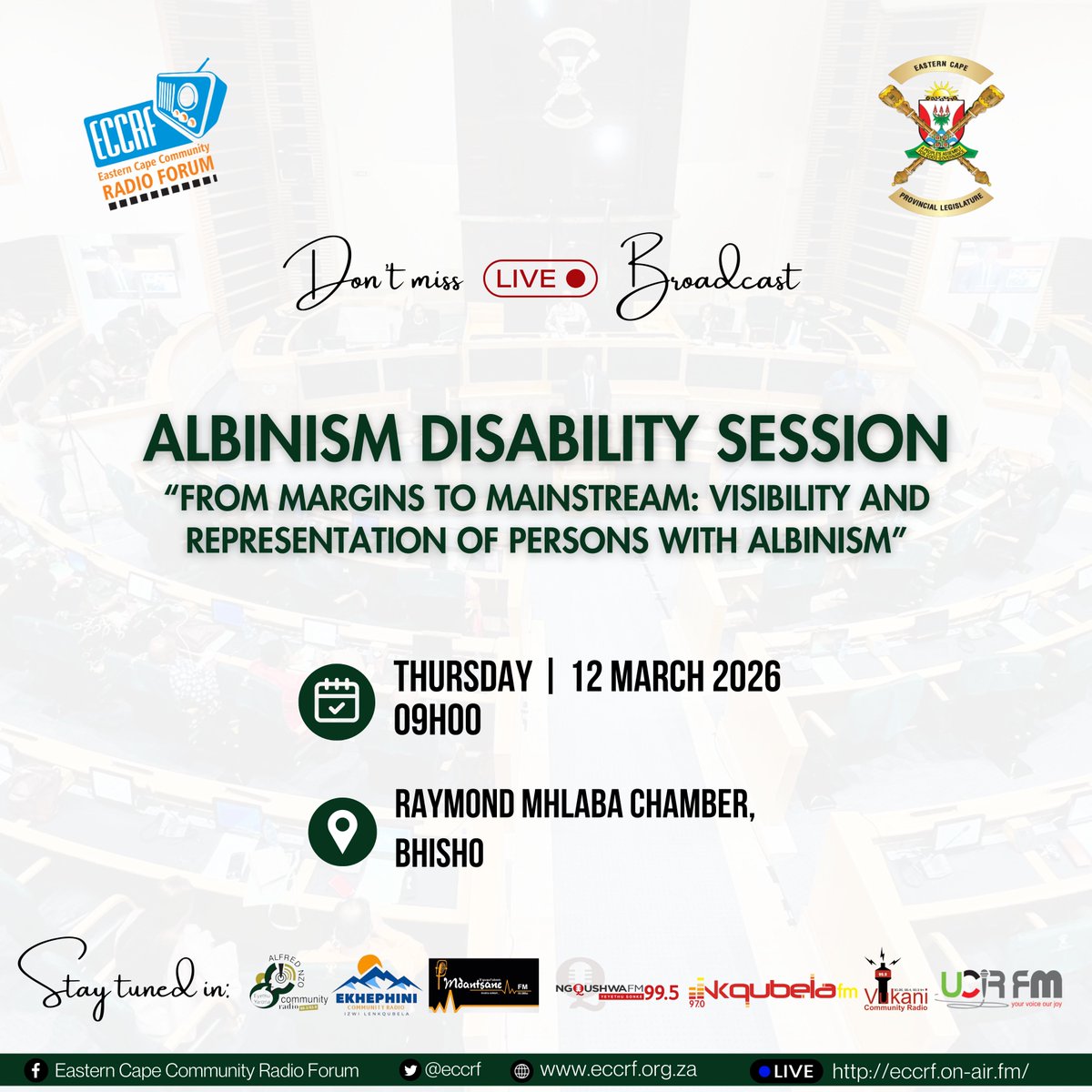 eccrf's tweet photo. The @eclegislature brings you Albinism Disability Session unpacking From Margins to Mainstream: Visibility Representation of Persons with Albinism.  

Stay tuned in on @NzoFM @ekhephini @Mdantsanefm_895 @NkqubelaFM @ngqushwafm @UCR_FM 

📍📻 https://t.co/m7HBOhpTDn