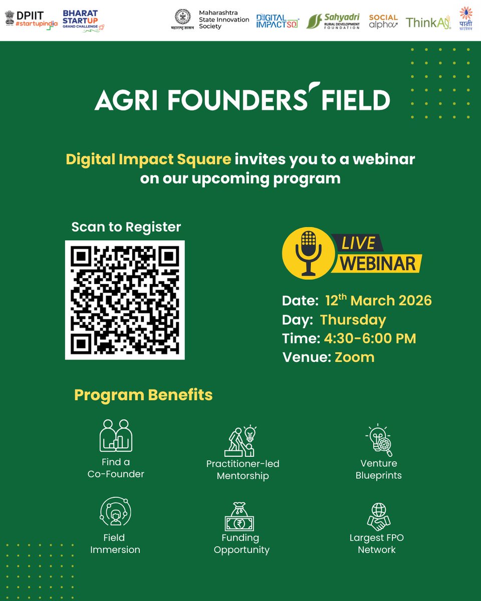 startupindia's tweet image. The #AgriFoundersField Program by Digital Impact Square, A TCS Foundation Initiative, supported by Startup India is creating a pathway for successful #Agri venture with the right #ventureblueprint:

- Access to farmers and markets
- The right co-founder and team
- #Mentors and