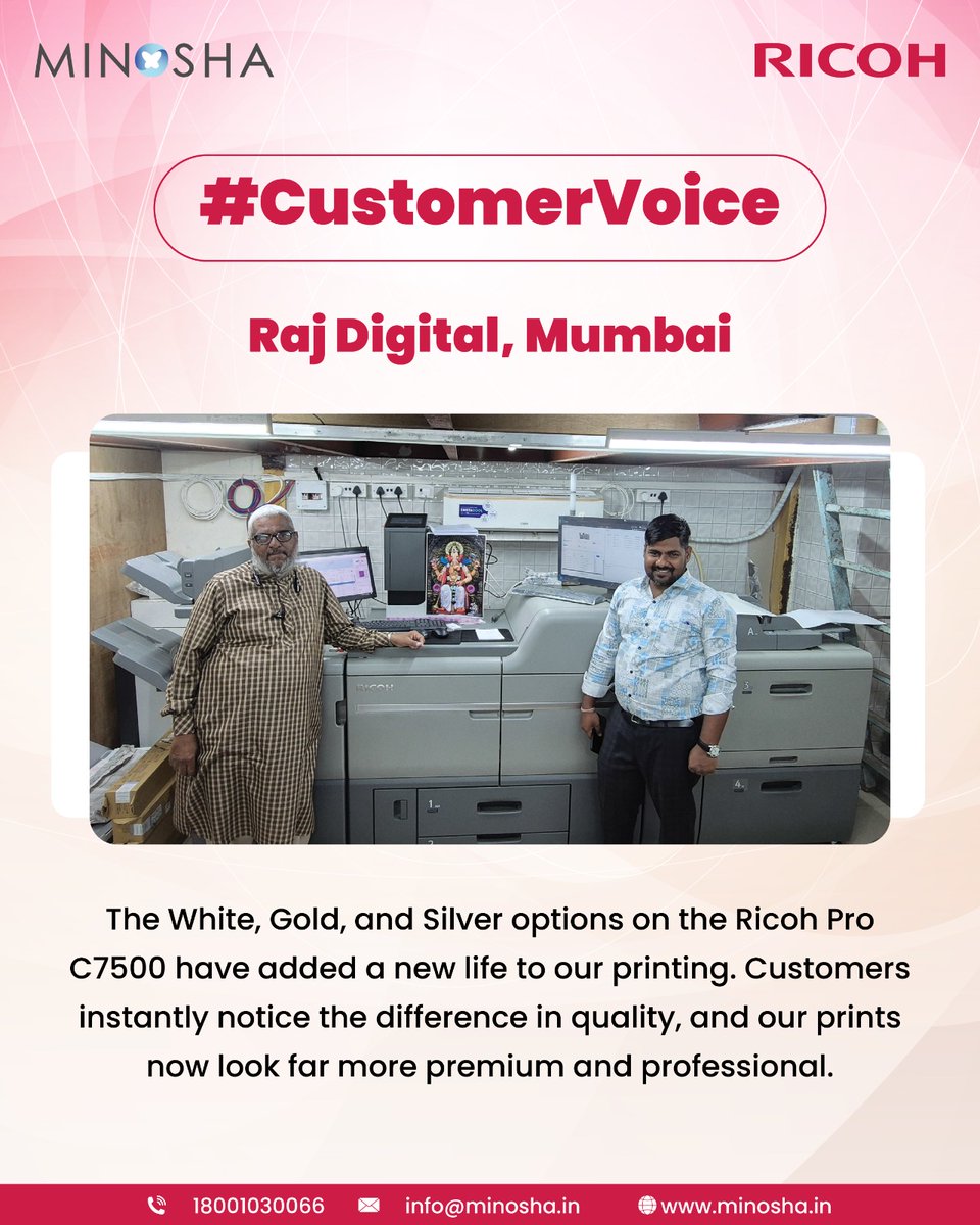 When technology meets creativity, prints stand out.
Raj Digital, Mumbai, shares how the White, Gold, and Silver options on the Ricoh Pro C7500 are transforming their print quality and giving customers a truly premium finish

#CustomerVoice  #Minosha #MinoshaPrintSolutions #MPSPL