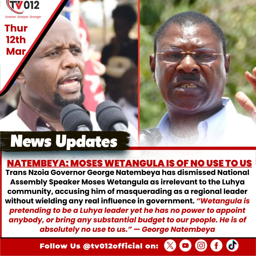 tv012official's tweet image. “Wetangula is pretending to be a Luhya leader yet he has no power to appoint anybody, or bring any substantial budget to our people. He is of absolutely no use to us.” — George Natembeya

#GeorgeNatembeya #MosesWetangula #Luhya #KenyaLeadership #tv012newsupdate