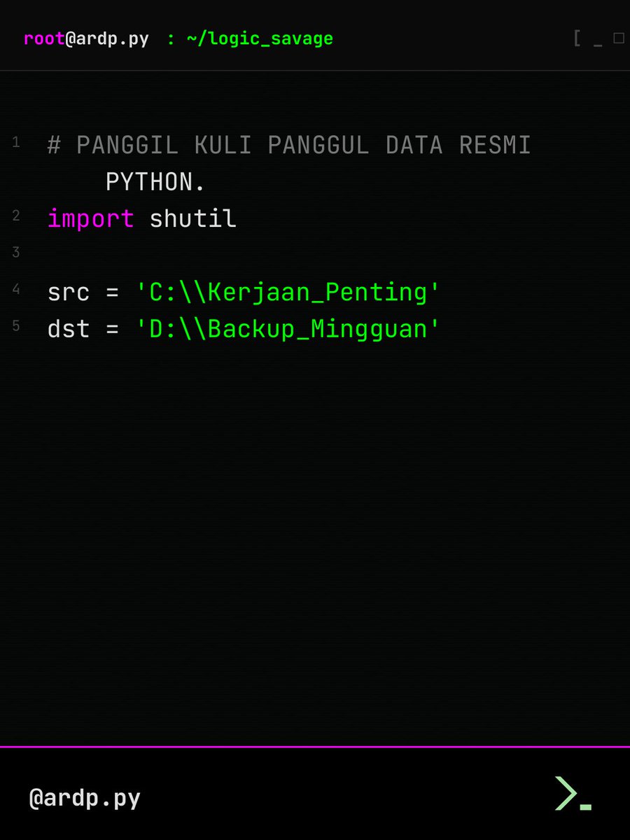 rapiinkerjaan's tweet photo. 1. Panggil kulinya: Tinggal `import shutil` sama `os`, gak perlu pip install karena udah bawaan Python.
2. Set lokasi: Tentuin `sumber_folder` (sarang file penting lu) dan `hdd_eksternal` buat tempat evakuasi. https://t.co/UMOpVQ4Gck