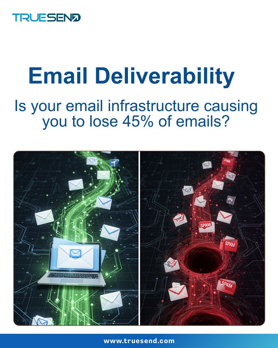 truesend's tweet photo. 45% of emails never reach inboxes-not due to campaigns, but infrastructure.
Fix deliverability with TrueSend.
#EmailMarketing #InboxPlacement #SMTP #B2BMarketing #TrueSend #B2BEmail #EmailCampaign #SaaSMarketing #EmailSetup #MarketingTech #SMTPServer #Email #EmailInfrastructure https://t.co/2fi6pS74jC