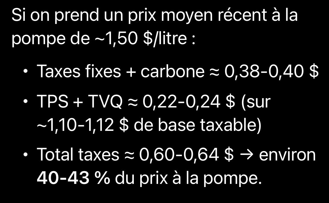 Quand tu veux régler un problème, tu t’attaques d’abord à ce que tu contrôles.

Voici un résumé IA de la part des gouvernements sur l’essence.

Pas besoin d’un grand discours, coupes les taxes car le reste, c’est le marché…
