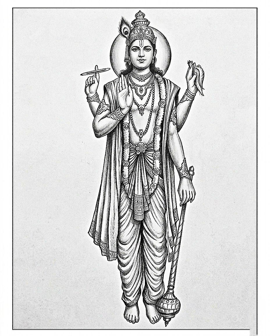 rawstudiobyjay's tweet photo. New devotional figure study (raw pencil sketch): full-body front-facing, halo + crown, layered ornaments, dhoti + shawl drapery, multiple hands with specific held items.

#Sketch #GraphiteDrawing #Sculpture https://t.co/da5wcw1w0W