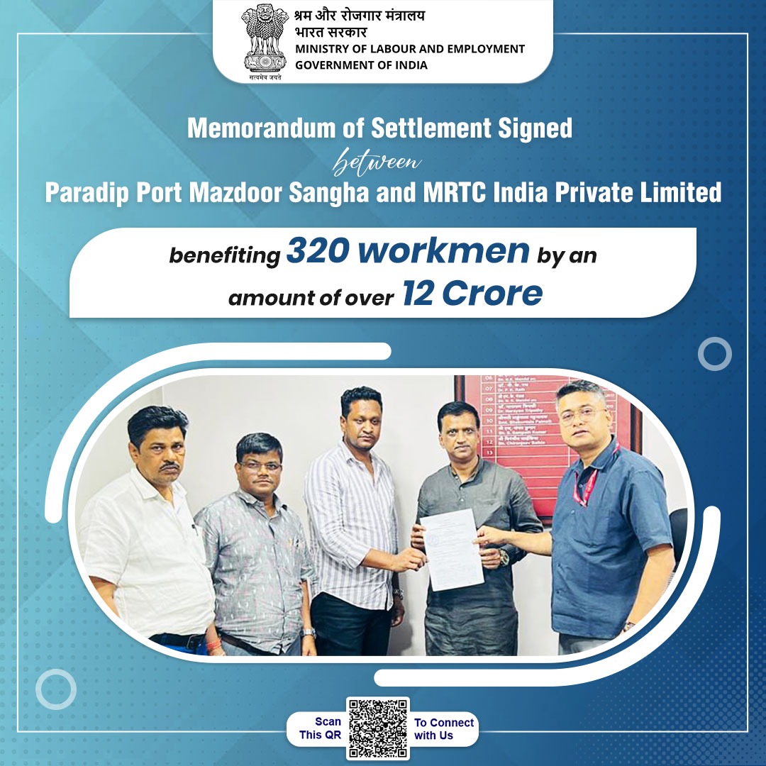 After successful conciliation by the Conciliation Officer &amp; Dy. CLC(Central), Bhubaneswar, a MoS was signed between Paradip Port Mazdoor Sangha &amp; the management of M/s MRTC India Private Limited, over 11 points Charter of demands.

#MoLE