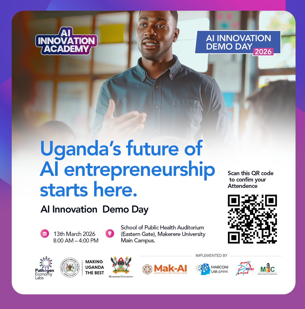 MakCEDAT's tweet photo. AI Innovation Academy Demo Day 2026.
๐
13 March | โฐ 8:00โ16:00 | ๐ @Makerere
Showcasing pre-seed AI ventures tackling real-world challenges in farming and legal access shaping Ugandaโs AI future. #IntegratedProject #WaterResources #FieldLearning #EuropeanUnion #KULeuven https://t.co/1AuvnxY7nX