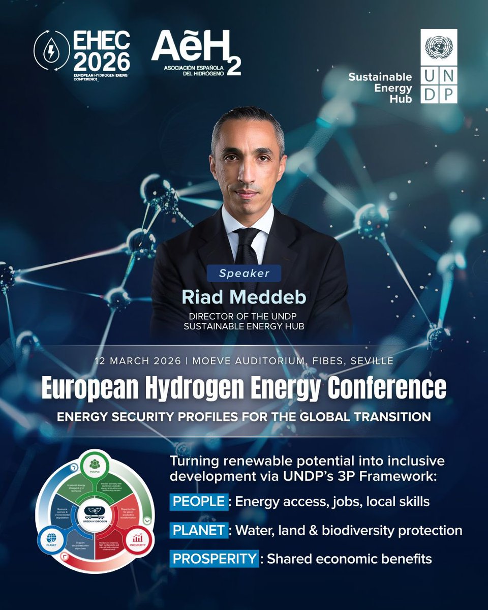 riadmeddeb's tweet photo. On 12 March at #EHEC2026 in Seville, I’ll be discussing how green hydrogen can support People, Planet, and Prosperity and turn renewable potential into inclusive development.

🎟️ Register: https://t.co/1maaPUfz0o

#GreenHydrogen #EnergyForDevelopment #JustEnergyTransition https://t.co/gkmVvP5wSg