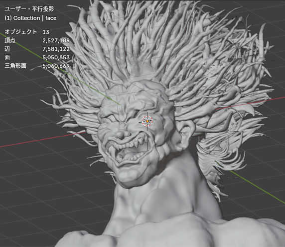 TomYamVR's tweet photo. 「よーし。今度はワールド作成してアトリエとして作品並べるぞ！」と張り切って加工しようとポリゴン数確認したらご覧のありさま・・・

５００万て…（見間違い？
さらに髪の毛で４００万って何…？
つかハゲたらオーガがスペックになったわw

どうしましょ😅
#blender初心者　#VRChat　#shapelab https://t.co/E6IG242uzo
