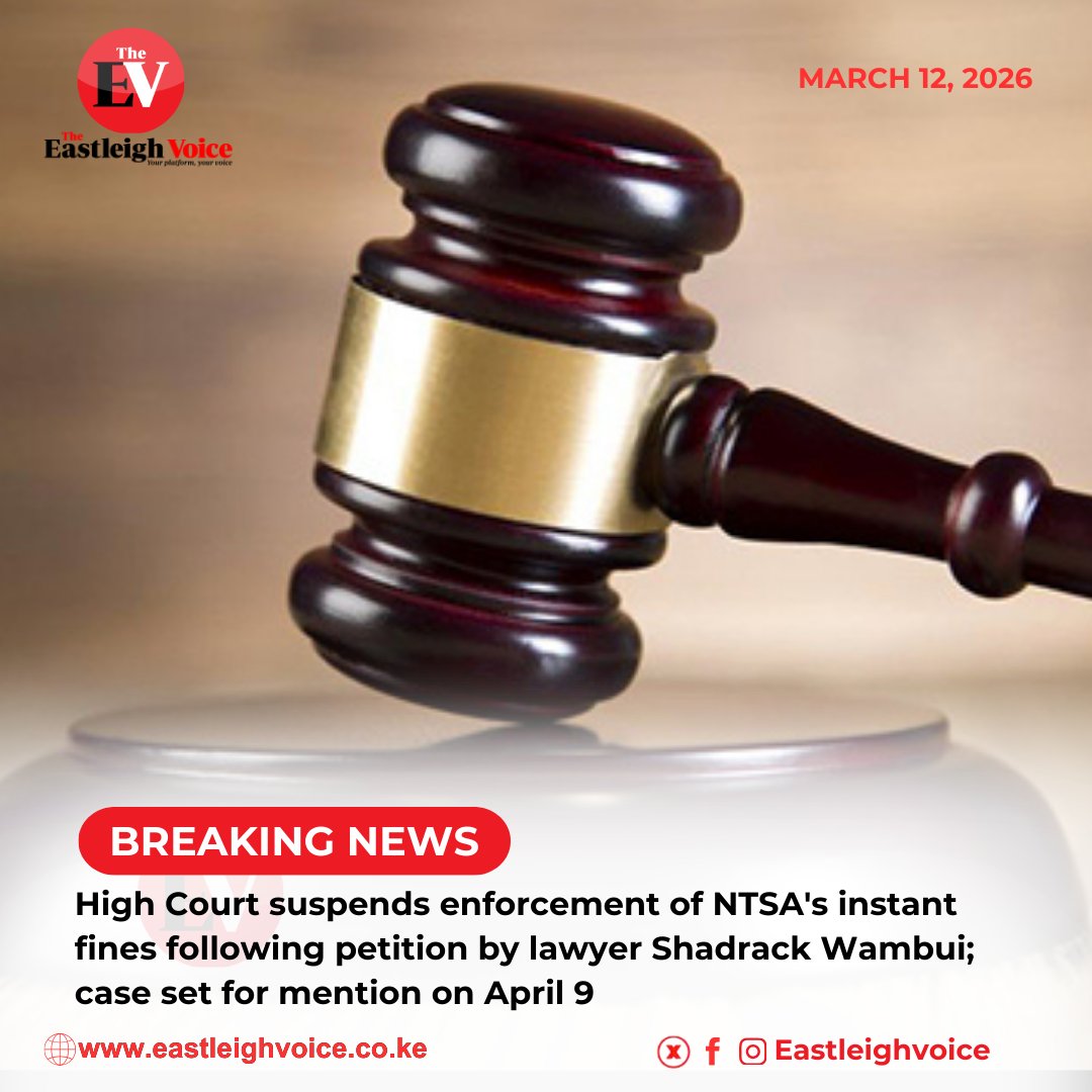 Eastleighvoice's tweet photo. The High Court of Kenya has temporarily stopped the implementation of the automated instant traffic fines system introduced by the National Transport and Safety Authority (NTSA), pending the hearing and determination of a constitutional petition challenging the programme.

In orders issued by Justice Bahati Mwamuye, the court barred NTSA, the State Law Office and KCB Bank Kenya from issuing, generating, demanding or enforcing instant traffic penalties through the Instant Fines Traffic Management System.

Read more: https://t.co/dXRzC3UpYB