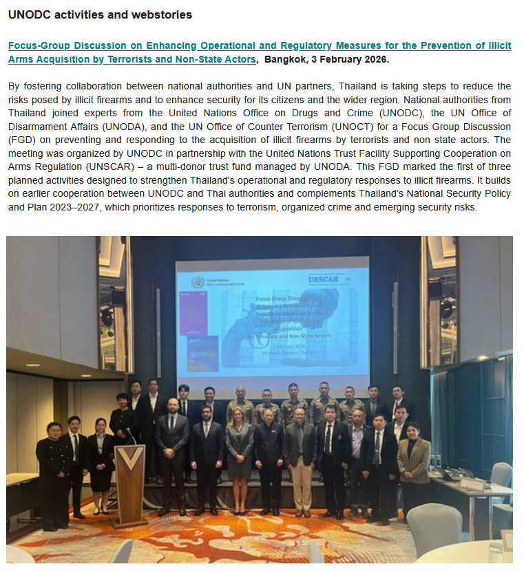 nikiesse's tweet photo. Read the latest @UNODC_SEAP news bulletin for Southeast Asia &amp; Pacific. Various developments worth knowing about. Also on the kick-off of the latest UNODC project on Illicit Firearms in Thailand and the latest UN Monitoring Team Report on ISIL&amp;AQ.
https://t.co/Kp7QCaWJtt https://t.co/dg2QSP2lMT