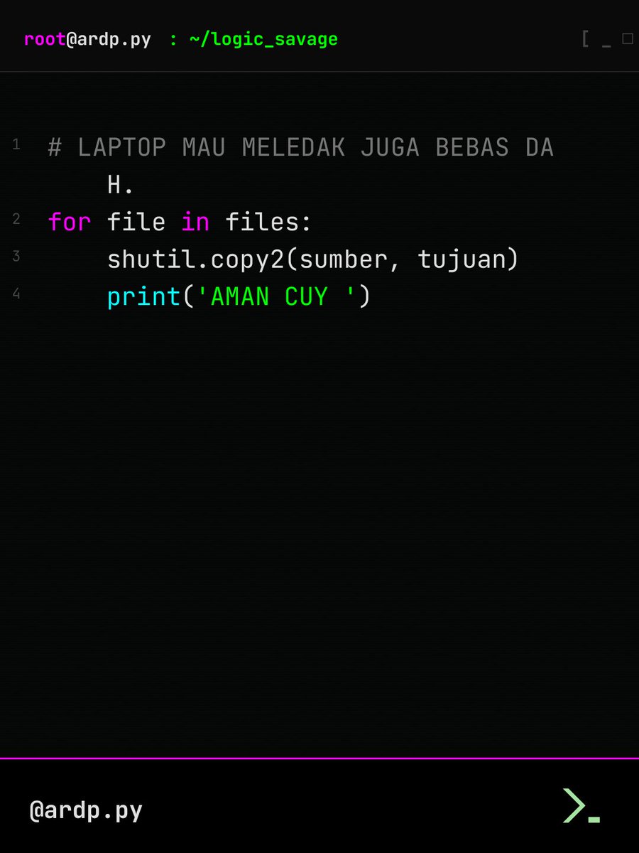 rapiinkerjaan's tweet photo. 3. Eksekusi: Pake `shutil.copy2()` buat mindahin file beserta metadatanya. Kalo males loop satu-satu, langsung libas se-folder pake `shutil.copytree()`.
4. Tinggal tambahin `time.sleep()` sama `print()` dikit biar keliatan sok sibuk dan pro di terminal. Done! https://t.co/3DIEpixTt9