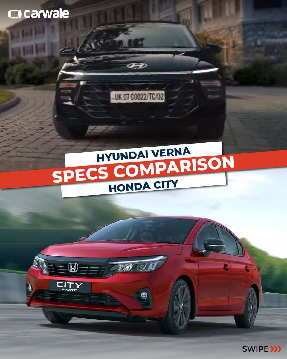 CarWale's tweet photo. Sedan showdown ⚔️

The Hyundai Verna takes on the ever-popular Honda City in a specs comparison. From engine output to features and dimensions, both bring plenty to the table in the midsize sedan segment.

#Hyundai #Verna #Honda #City #HondaCity #cwactivity #cwcomparison #cars https://t.co/Z4wi76m5BH