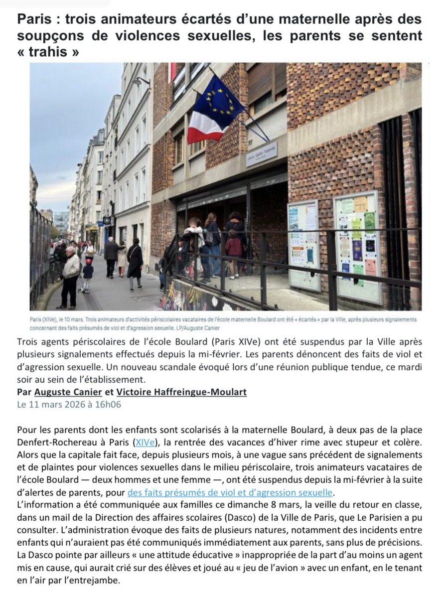 PhPejo's tweet photo. 😡#Paris14 meurtri et trahi.
Le scandale parisien du #périscolaire (128 animateurs suspendus en 10 ans) a percuté l’ÉCOLE MATERNELLE de la rue Boulard. (agression sexuelle sur mineurs)
La justice devra être exemplaire. 
Cette fin de mandature est un naufrage. 
Dimanche : votons ! https://t.co/ucSzrswLhs