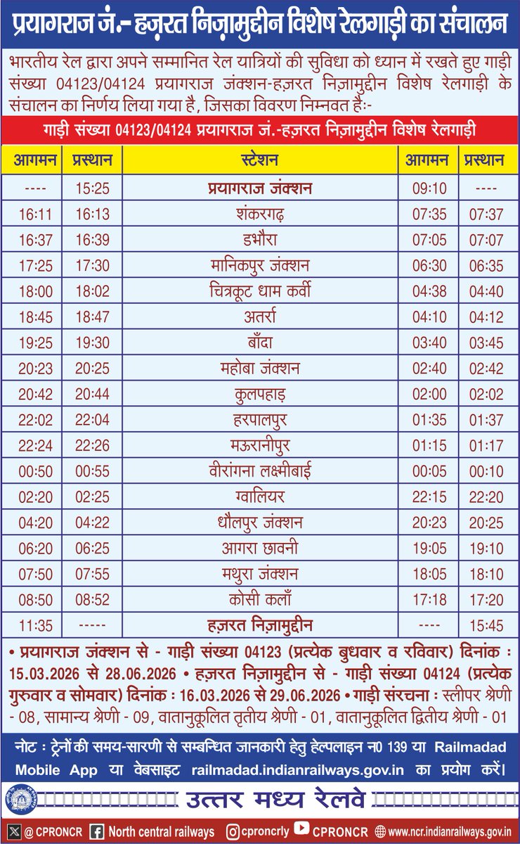 CPRONCR's tweet image. भारतीय रेल द्वारा अपने सम्मानित रेल यात्रियों की सुविधा को ध्यान में रखते हुए निम्नलिखित विशेष रेलगाड़ी के संचालन का निर्णय लिया गया है, जिसका विवरण निम्नवत है-: 
#TrainTimeTable #NCRailway