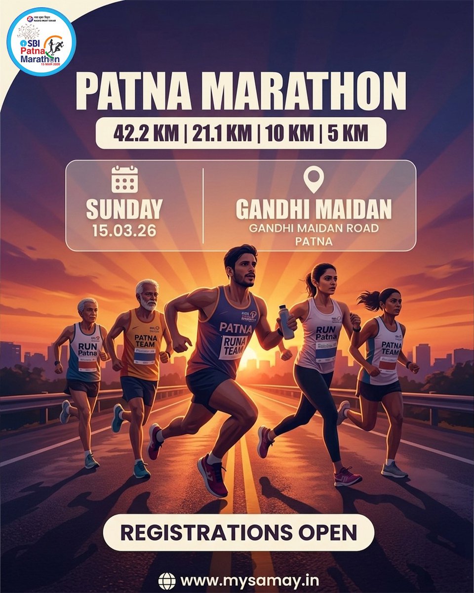 The race is calling! 🏁
Be ready to challenge yourself at the Patna Marathon 2026.
Choose your distance – 42.2 KM | 21.1 KM | 10 KM | 5 KM.
📍 Gandhi Maidan, Patna
📅 15 March 2026
➡️Register now and experience the thrill of running in the heart of Patna. 
#patnamarathon