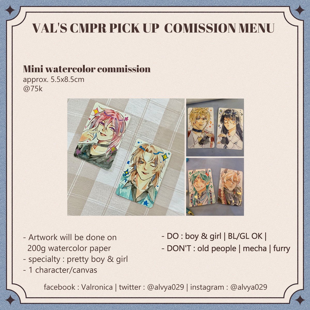 💙&amp;🔁are really appreciated 🫶

💙Val's COMIPARA 6 Watercolor CMSN PO💙

📅 Close PO 10 April 2026
📍 PICK UP at Comipara 6 day 1&amp;2 booth B-08 That Little Clown Girl x MantraWita 11.00 - 16.30 WIB
🔗forms.gle/kcs7dk2dXqfPeK…