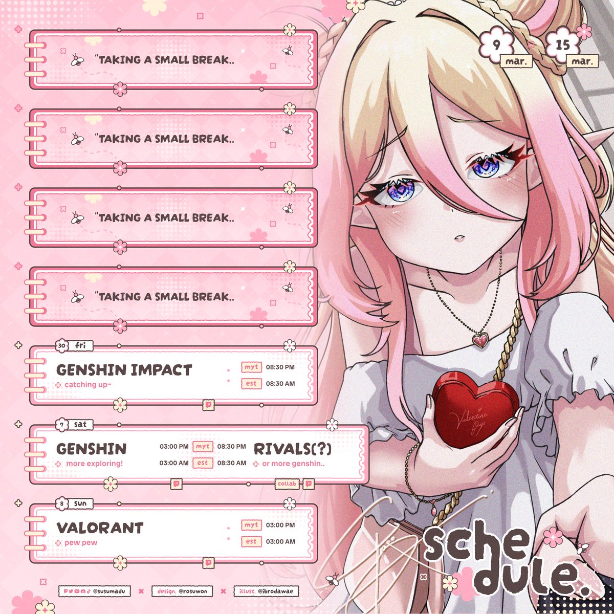 susumaduu_'s tweet photo. figured i should post my weekend plan :3 ✦
genshin has become my current hyperfixation ♡【9/3-15/3】
GENERAL: #susumaduu
LIVE: #MelkTime
ART: #susucanvas
CLIPS: #MelkClips
FAN NAME: Melkypuffs https://t.co/7QWVaaK8bM