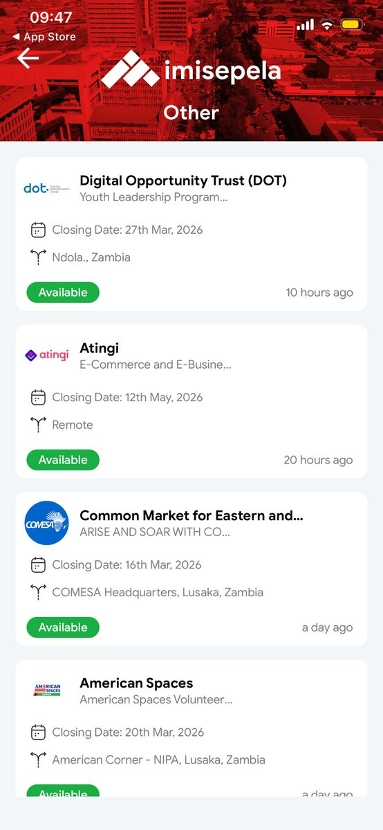 Kudos to the UPND government for launching the Imisepela job app. This is a great step towards empowering young people and making job opportunities more accessible and transparent for Zambians. 🇿🇲👏

#Saltsana 
<a href="/JitoKayumba/">Jito Kayumba</a> 
<a href="/HHichilema/">Hakainde Hichilema</a>