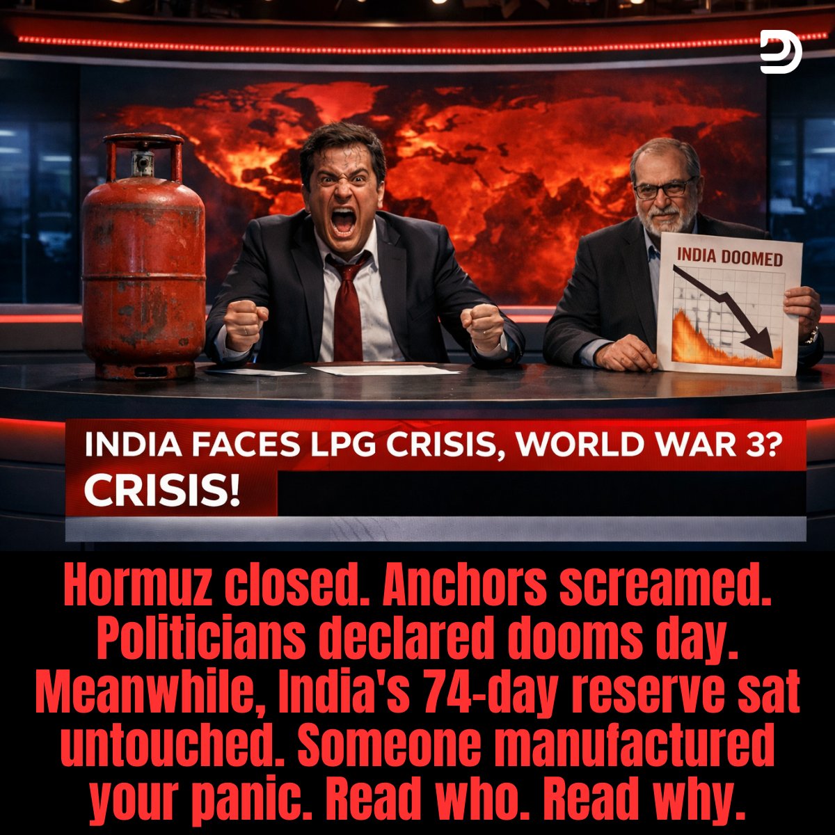 Someone is lying to you about India's energy crisis.
One Intention: Create Panic.

Hormuz closed.
Within hours, an ecosystem activated.

News anchors. 
Opposition leaders. 
Funded economists.

WhatsApp forwards. 
Influencers. 

This is manufactured panic.

Here is the truth.