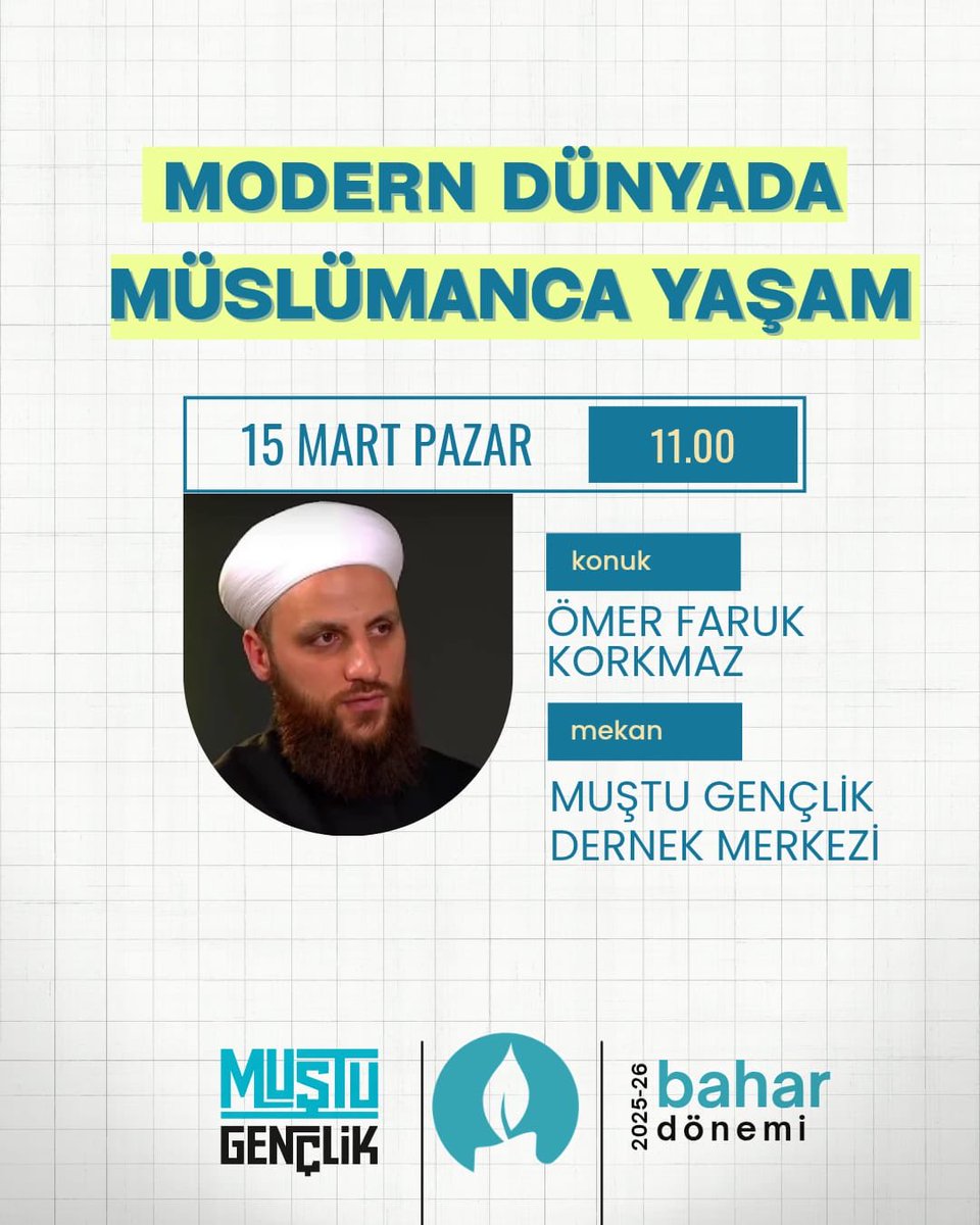 Bu pazar nasipse Muştu Gençlik’te “Modern Dünyada Müslümanca Yaşam” başlıklı sunumuyla <a href="/OmerfarukKorkmz/">Ömer Faruk Korkmaz</a> Hocayı misafir ediyoruz. Davetlisiniz.