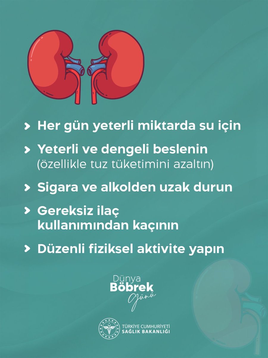 Böbrek Sağlığını Korumak İçin 5 Temel Adım👇🏻

#DünyaBöbrekGünü