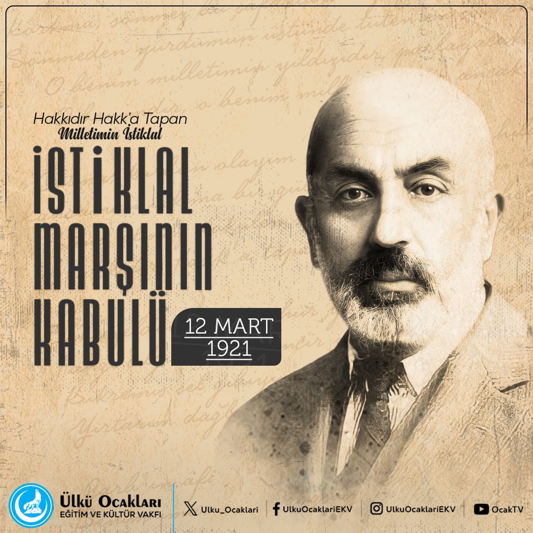 İstiklal Marşımızın kabulünün 105. yılında vatan şairimiz #MehmetAkifERSOY'u ve tüm şehitlerimizi rahmet ve dualarla anıyoruz.