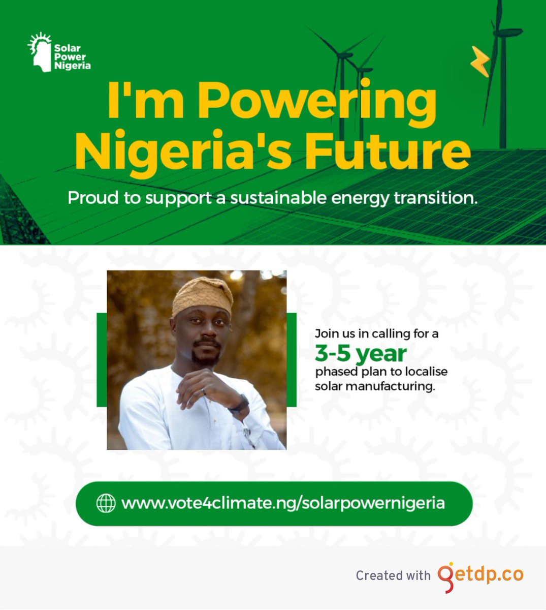 Join the #SolarPowerNigeria movement!

How to participate:

🔗 Go to getdp.co/v8d

➕ Click the frame

📸 Upload your photo

⚡ Click Generate My DP

⬇️ Download your poster

✍🏾 Click Join the Movement

📲 Share your poster and tag #SolarPowerNigeria

#KeepTheLightsOn