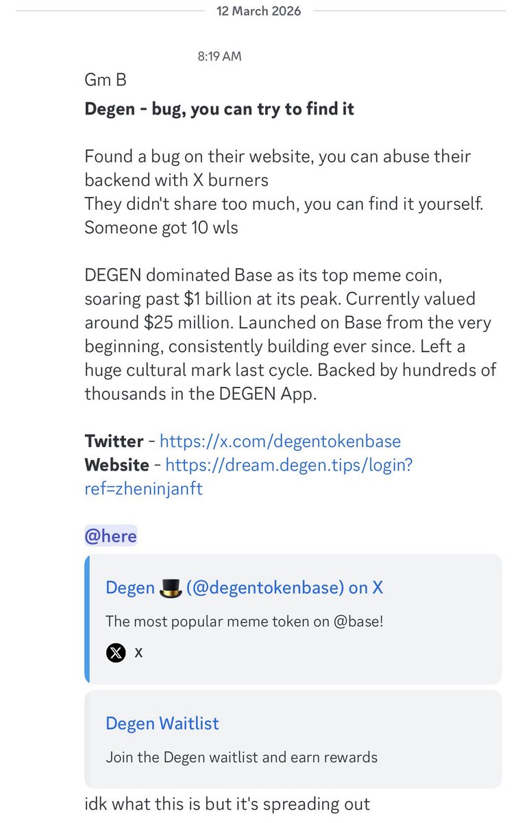 BR4ted's tweet photo. Thought of addressing this as I’ve received multiple DMs in the past 3 days regarding a bug on the Degen website.

No one received 10 whitelist spots. In the coming days, we will be manually giving points to people who are being creative with art, memes, content and more which will help them climb the Top 100 leaderboard.

If you’re trying to cheat the leaderboard by using ‘X burners’ for referral points, then stop. Don’t say I didn’t warn you.

Instead of using your brain to figure out how to cheat the leaderboard, start using it to be creative.

We have a lot of updates coming to the website because of which the leaderboard will change drastically.

I’m addressing this so people don’t FUD in the future when they realize they wasted their time and energy for nothing.

Be a degen.