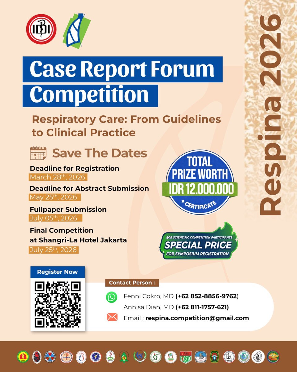 RespinaIndones1's tweet photo. Join us for an extraordinary journey in respiratory care!

CASE REPORT FORUM

“27th International Meeting on Respiratory Care Indonesia (Respina) 2026”

Total Prize Worth IDR 12.000.000+certificate
https://t.co/Iz7OFCIMwe

Information: 
Fenni Cokro, MD (WA+62 852-8856-9762)  
🙏 https://t.co/uCYiy09HSn