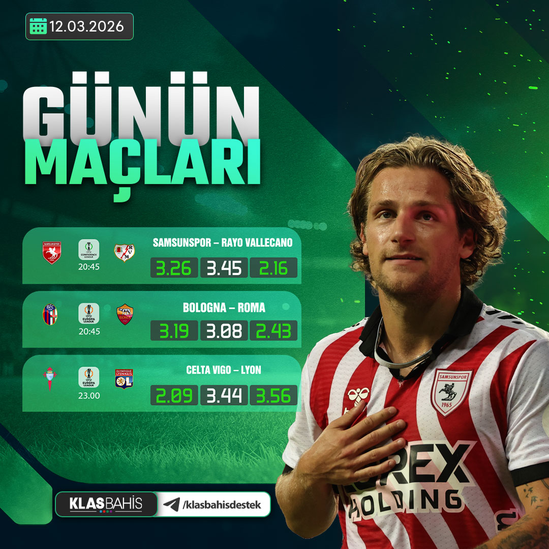 klassbahiss's tweet photo. 🏆 GÜNÜN MAÇLARI KLASBAHİS'TE DAHA HEYECANLI 🏆

➡ Samsunspor 🆚  Rayo Vallecano

➡Bologna 🆚  Roma

➡ Celta Vıgo 🆚 Lyon

💸 5000 TL Hoşgeldin Bonusu
💸 %20 Kripto Yatırım Bonusu
💸 %15 Spor Yatırım Bonusu

https://t.co/exRg0YKc0h https://t.co/Y0rgnXLGvn