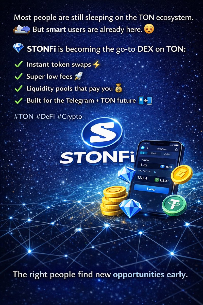gen2creto's tweet photo. The TON ecosystem is growing fast
but many pple haven’t noticed yet 

STONFi is quietly becoming a key piece of TON DeFi:

Smooth token swaps, Low transaction costs, Liquidity pools for passive earnings, Built directly for the TON ecosystem

Early users explore.
Late users chase. https://t.co/JPlgmxWVtB