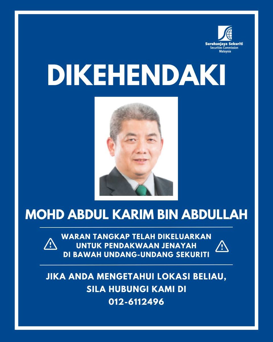 najibfazail's tweet photo. Breaking news ⚠️

Abdul Karim bin Abdullah dimasukkan dalam senarai DIKEHENDAKI (WANTED) oleh Suruhanjaya Sekuriti.

Siapa kenal Serba Dinamik, pasti kenal susuk tubuh ni. https://t.co/mcgJsKJGfm