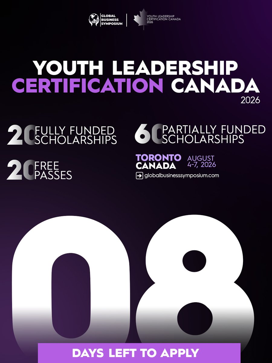Gbs_Symposium's tweet photo. YLC Canada 2026 | Toronto, Aug 4–7
100 funded seats: 20 Fully, 60 Partially, 20 Free.
Apply now!
https://t.co/ZHMUvzNVg4
#youthleadershipcertification
#youthleadershipcertificationCanada
#globalbusinesssymposium https://t.co/0lY32FTeiu