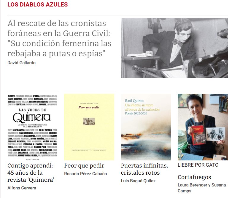 Jueves de #DiablosAzules :
Al rescate de las cronistas foráneas en la Guerra Civil: "Su condición femenina las rebajaba a putas o espías".
Por <a href="/davidgallardo78/">David Gallardo</a>. Y un homenaje de Alfons Cervera a  <a href="/QuimeraRevista/">Revista Quimera</a> 
infolibre.es/cultura/los-di…