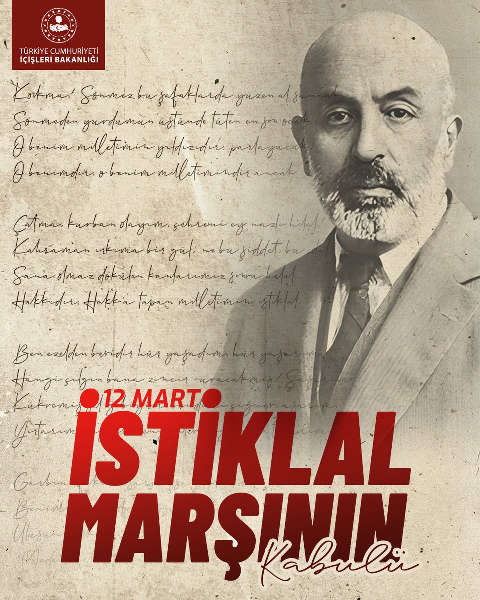 ❝Bastığın yerleri ‘toprak!’ diyerek geçme, tanı;
Düşün altındaki binlerce kefensiz yatanı...❞

İstiklâl Marşı’mız; milletimizin imanını, bağımsızlık iradesini ve vatan sevgisini mısralara nakşeden eşsiz bir istiklal beyannamesidir.

Mehmet Âkif Ersoy’un, milletimizin inancından