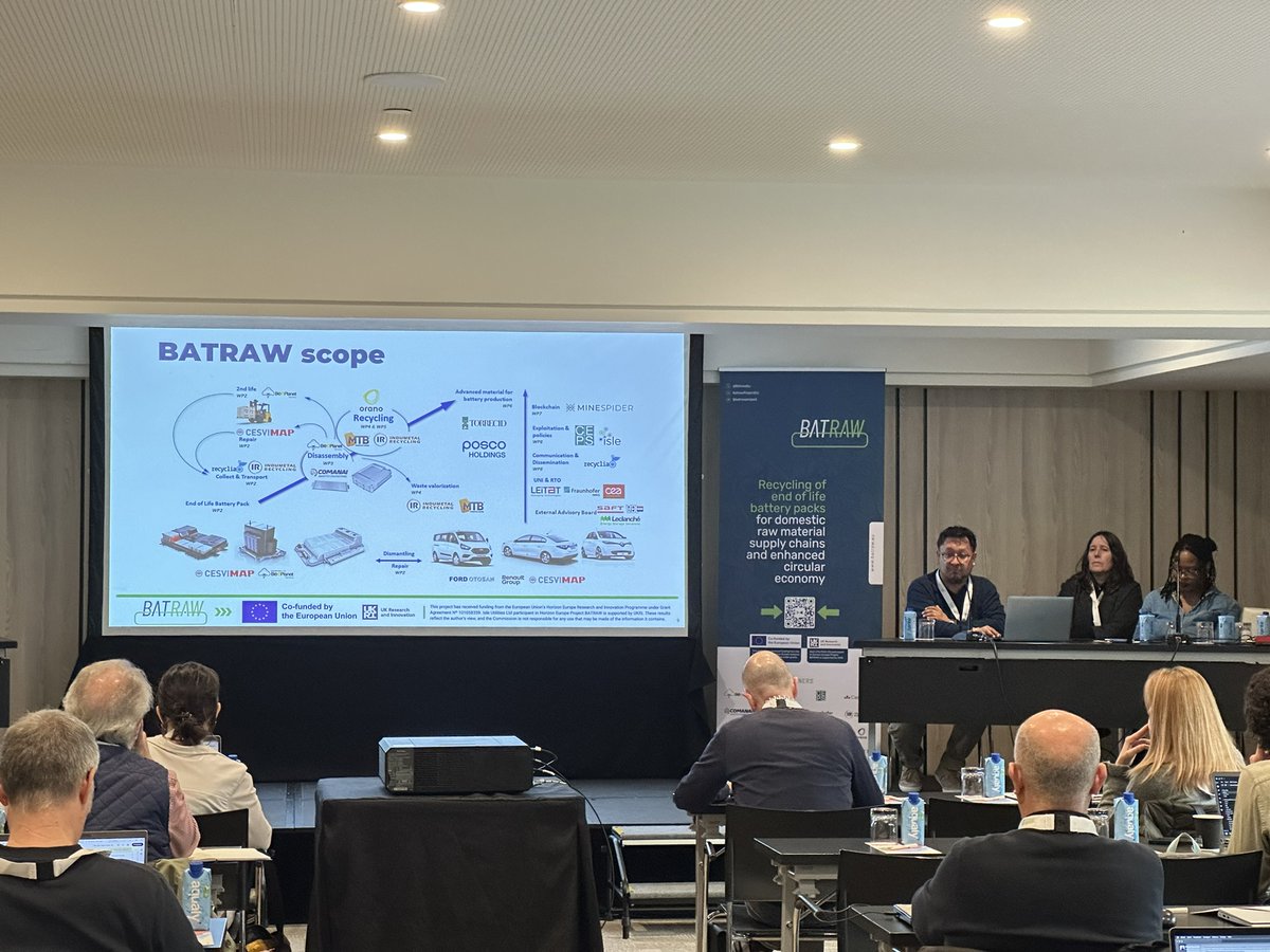 BatrawEu's tweet photo. ⚡🔋 Great exchange at the BATRAW Innovation Workshop in Madrid, organised by ISLE. 
Experts from research, industry and NGOs discussed battery disassembly, recycling, LCA and recycled materials (LNMO, NMC811, graphite). 
Collaboration is key for battery recycling in Europe. https://t.co/7LjahwFcav