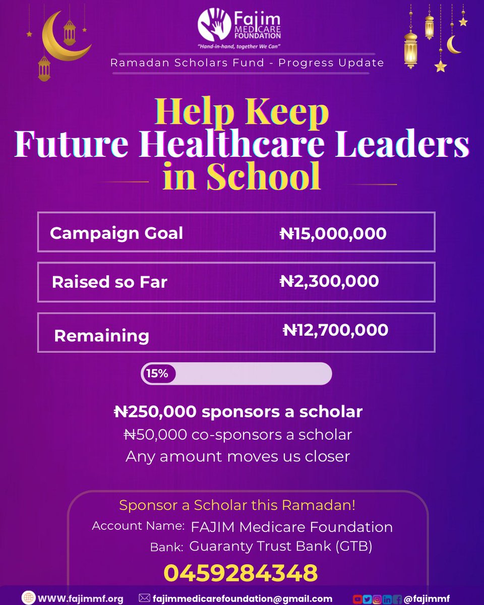 FajimMF's tweet photo. ₦2,300,000 raised so far. Thank you for being part of the journey.

As we continue through the last ten nights of Ramadan, your Zakat and Sadaqah can help keep future doctors, nurses, and pharmacists in school.

Sponsor a scholar this Ramadan. #fajimmf https://t.co/VE6UUxCg4S