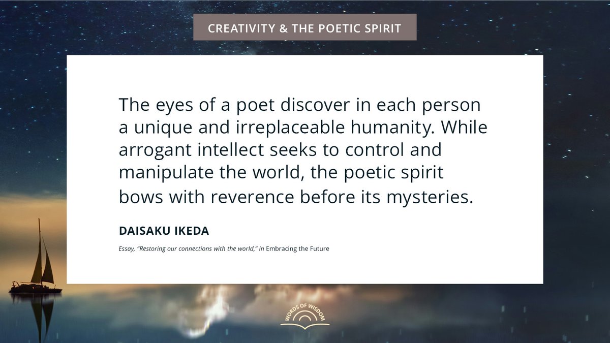 Celebrating the magic of poetry today. ✍️

For more quotes, head to:
daisakuikeda.org/sub/quotations…
#WorldPoetryDay #Creativity #PoeticSpirit #DaisakuIkedaQuotes #WordsOfWisdom #PeaceThroughDialogue