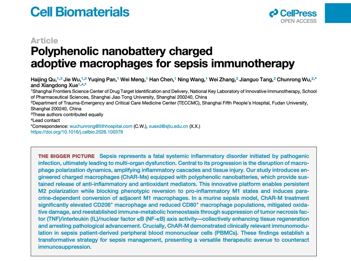xiangdongonly's tweet photo. Check out our lasted work about using adoptive macrophage to treat sepsis in Cell Biomaterials. #Sepsis #adoptivemacrophage https://t.co/py0eJHp5yk