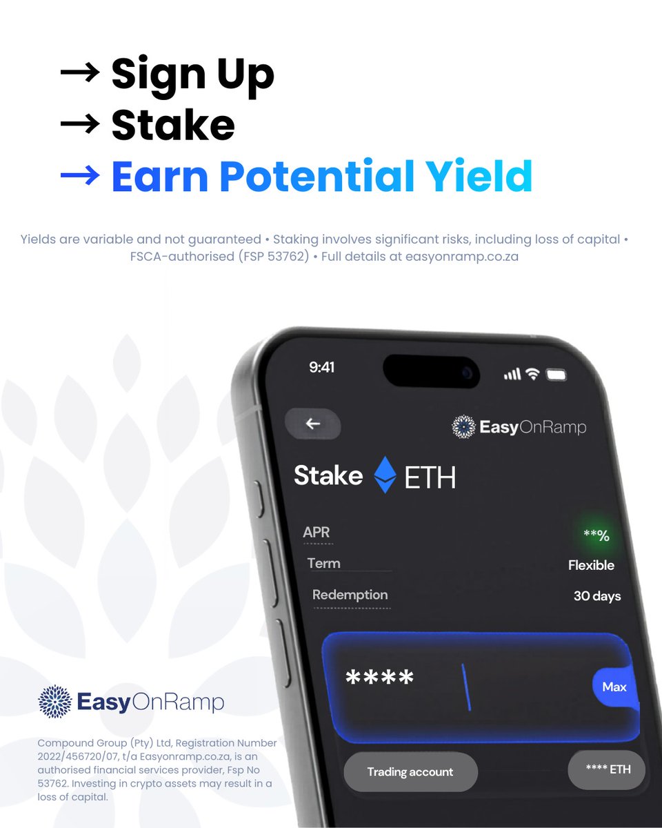 EasyOnRamp_'s tweet photo. South Africans: Hold stablecoins securely on a fully regulated platform, stake to earn possible yield, and spend instantly with a crypto card.
Sign Up Today for a CryptoCard

EasyOnRamp is FSCA-authorised. (FSP 53762)
Yields are variable, not guaranteed, and may result in losses.