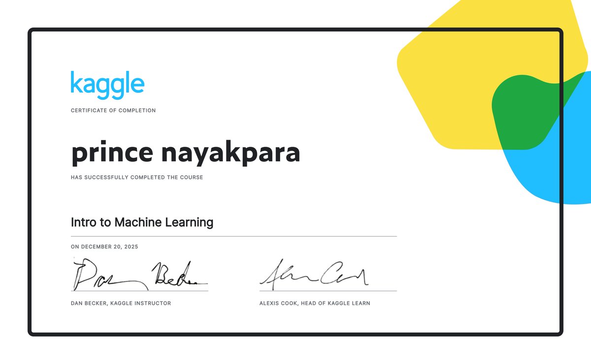 Prince1252254's tweet photo. Completed Intro to Machine Learning on Kaggle ✅
 Small step into the world of AI &amp; Data Science 🚀
#MachineLearning #Kaggle #AI https://t.co/VnCIwoOwJ0