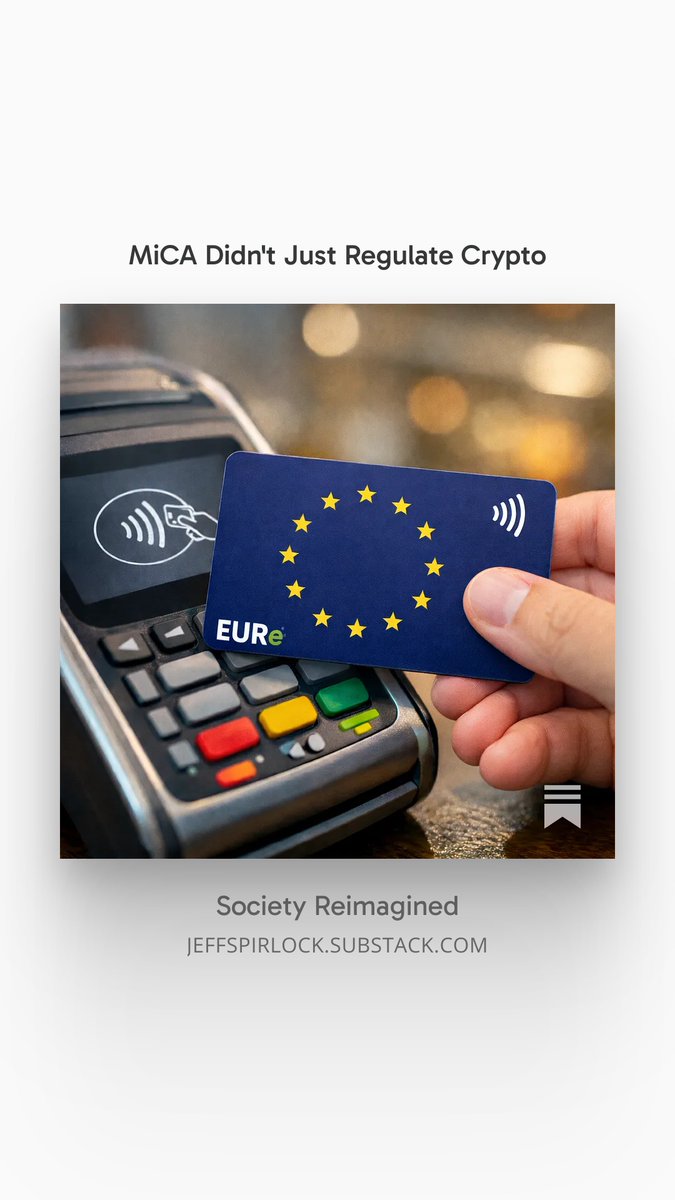 JeffSpirlock's tweet photo. Tap your EURe stablecoin card on a POS terminal, hints of a future where euro-denominated crypto moves as easily as a contactless payment. 💳⚡

MiCA Didn't Just Regulate Crypto: https://t.co/UKqO2pBQJx 

#Stablecoins
#EURe
#MiCA
#CryptoPayments
#DigitalEuro
#FutureOfPayments https://t.co/j9ocB4IL3I