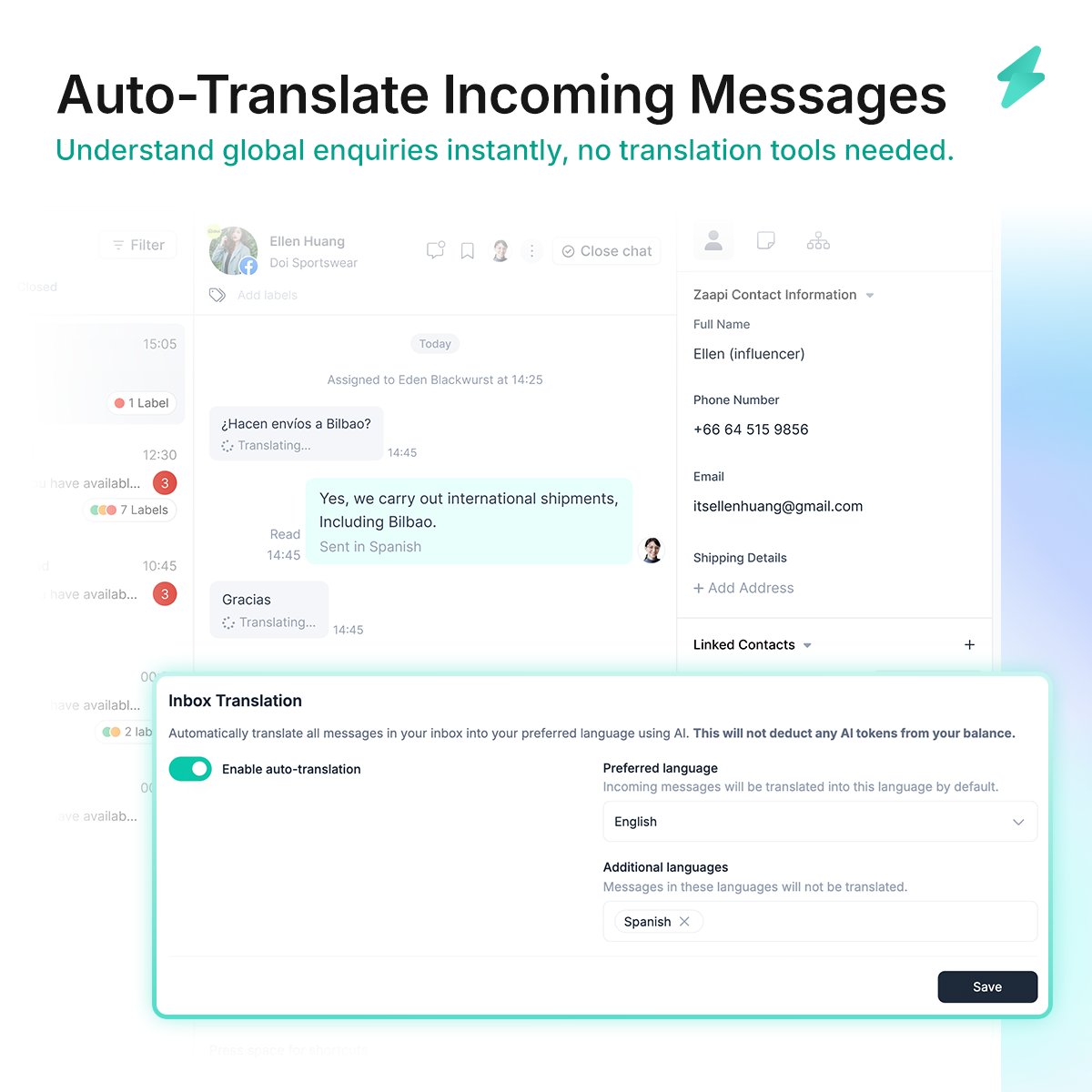 Zaapi_Official's tweet photo. 🌍 New Launch!
Translate and route customer messages automatically.

Zaapi now detects enquiry language and translates chats instantly for your team.

Support customers worldwide with ease.
👉 https://t.co/L5POaezExq

 #Zaapi #CX #Automation #AI https://t.co/xOSROBll8R